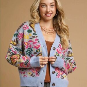 NWT Medium Umgee Pastel Blue Floral Knit V-Neck Cardigan
